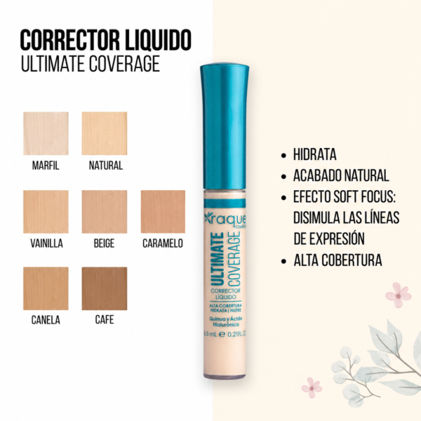 Corrector Líquido Ultimate Coverage Raquel 6,5 ml | Alta Cobertura