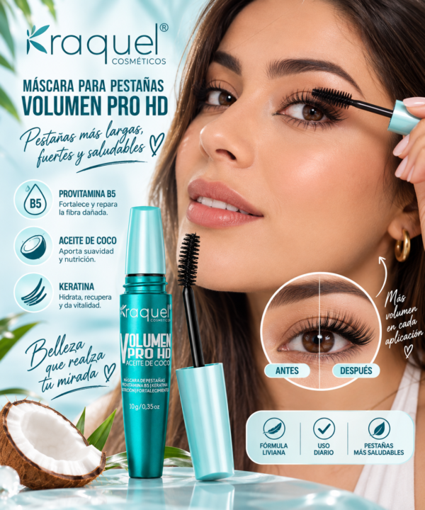 Pestañina Volumen Pro HD Raquel 14 g | Aceite de Coco y Keratina